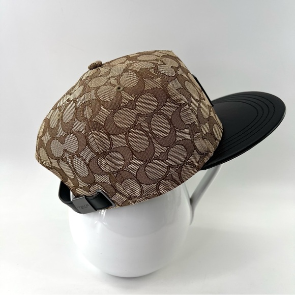 COACH Signature Flat Brim Hat Khaki Leather Cotton Black NWOT - Picture 3 of 10